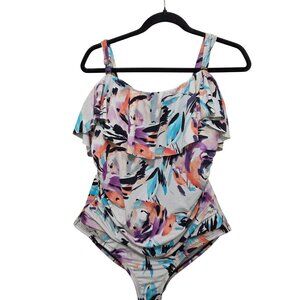 Liz Claiborne Womens 18W One-Piece Swimsuit Ruffled Floral Print Nylon/Elastane